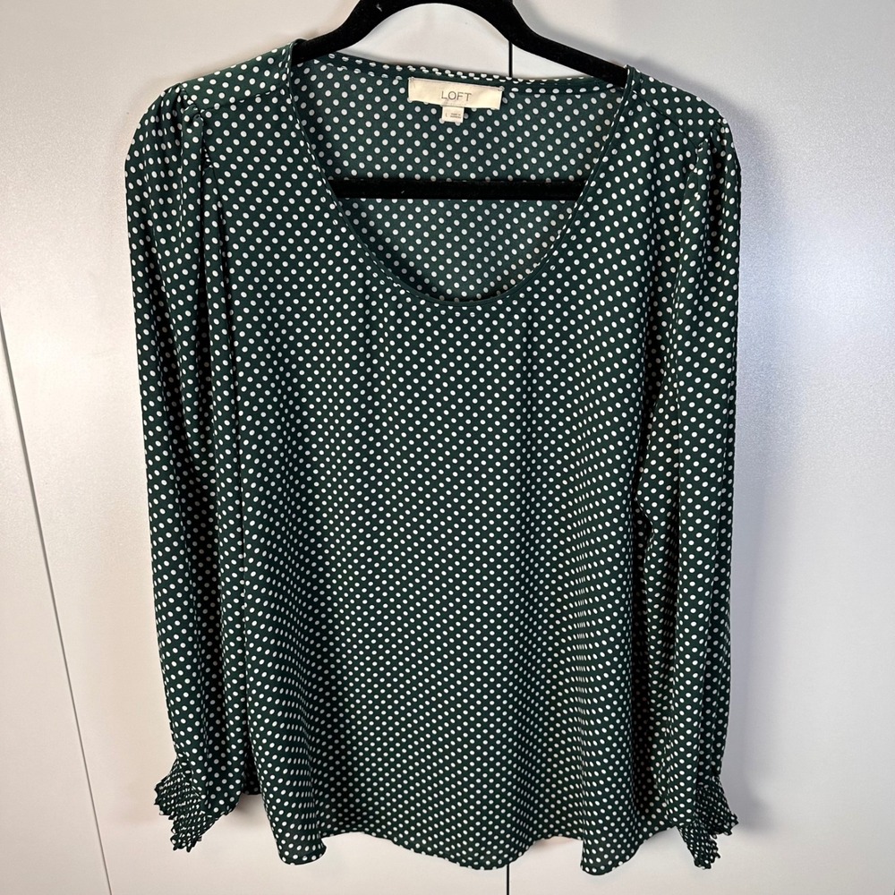 LOFT Womens Large Top Green‎ White Polka Dot Long Sleeve V Neck Blouse